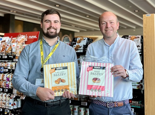 Foodstuffs North Island Category Manager for Baking Liam Wilson with Paneton’s General Manager, Thibault Beaujot, holding the new ready-made pastry rolling out across Foodstuffs North Island stores.
