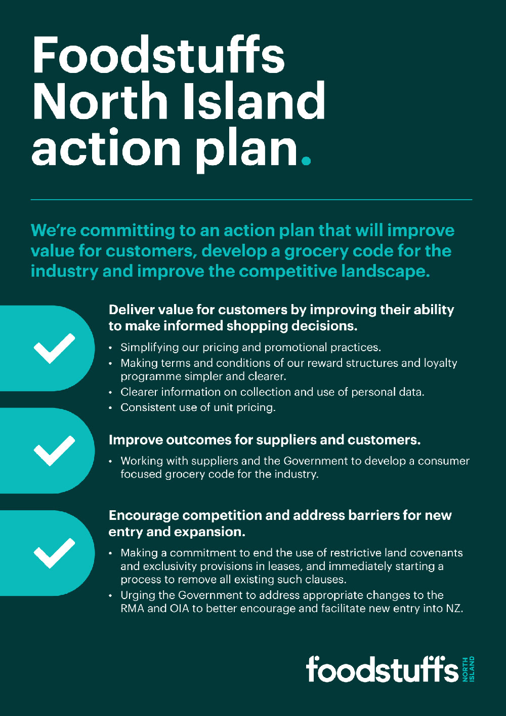 Foodstuffs North Island action plan - We're committing to an action plan that will improve value for customers, develop a grocery code for the industry and improve the competitive landscape