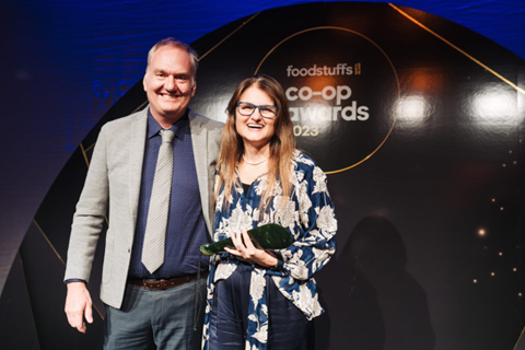 Kym Samuels, Co-Op Spirit award winner is with Foodstuffs North Island Board Chairman Dean Waddell