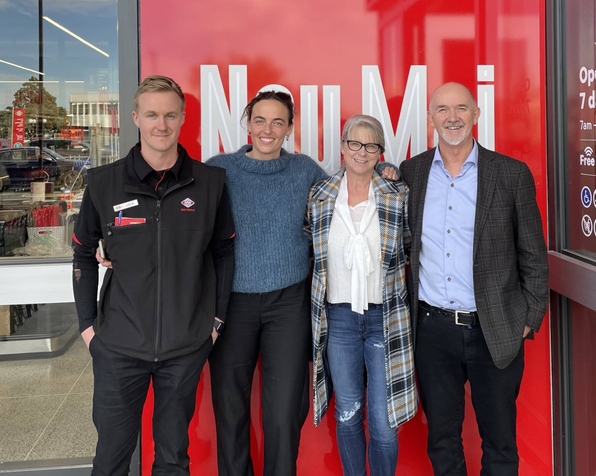 Jack Beaton and his partner Natalie alongside Iain Beaton and his partner Kirsten, attend the opening of New World Wairoa.